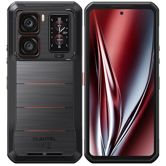 Oukitel WP300 graues 5G-robustes Smartphone mit 6,8-Zoll-Display, 16000-mAh-Akku, 108-MP-Kamera, Android 15, 12 GB RAM und 512 GB Speicher mit NFC.