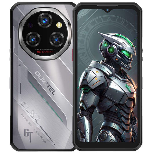 Oukitel WP62 silbernes robustes Smartphone mit 108-MP-HD-Kamera und stoß- sowie wasserfestem Design. Das Frontdisplay zeigt ein lebendiges, futuristisches Roboterbild und betont die Langlebigkeit sowie die hochauflösenden Displayfähigkeiten des Telefons.