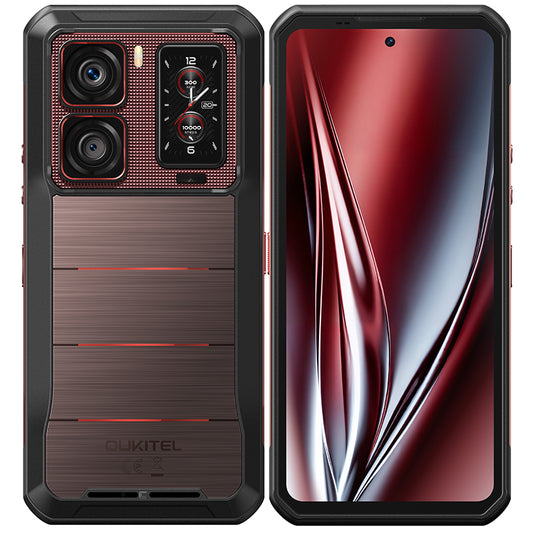 Oukitel WP300 rotes 5G-robustes Smartphone mit 6,8-Zoll-Display, 16000-mAh-Großakku, 108-MP-Hauptkamera, Android 15, 12 GB RAM und 512 GB Speicher mit NFC.