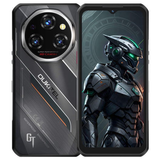 Oukitel WP62 robustes Smartphone mit 108-MP-Hauptkamera und langlebigem Design. Das Frontdisplay zeigt ein futuristisches Roboterbild und präsentiert das scharfe HD-Display, während die Rückseite die stoß- und wasserfesten Eigenschaften des Telefons hervorhebt.